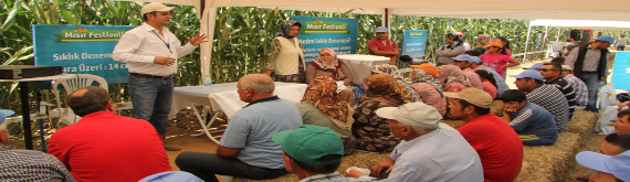Dekalb Ziraat Mühendisi İzmir Tire'deki mısır festivaline katılan mısır üreticilerini bilgilendiriyor.